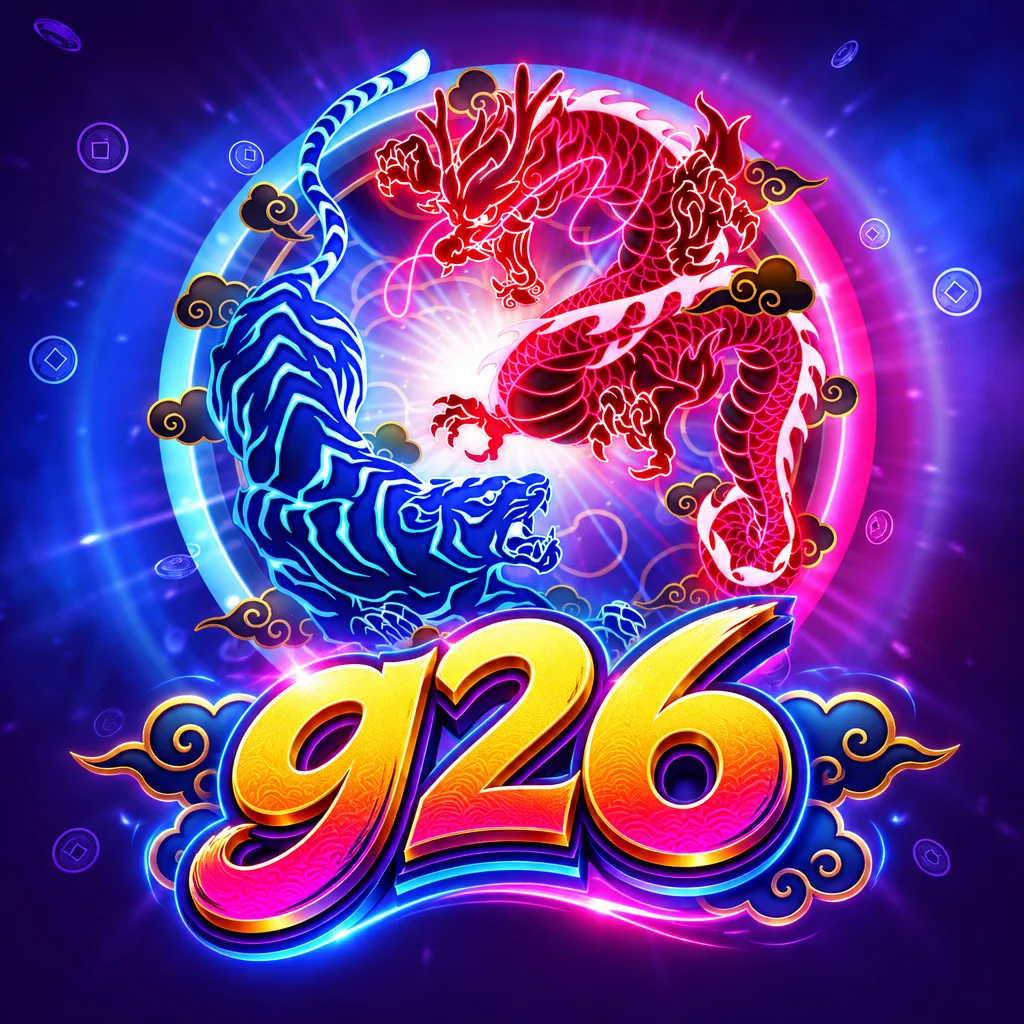 Logo g26 berlatar lingkaran neon dengan siluet naga merah dan harimau biru dalam Dragon Tiger Luck